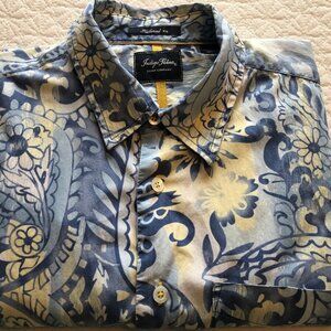 Indigo Palms Tailored Mens Shirt Blue Floral 100% Cotton Short Sleeve Size Large